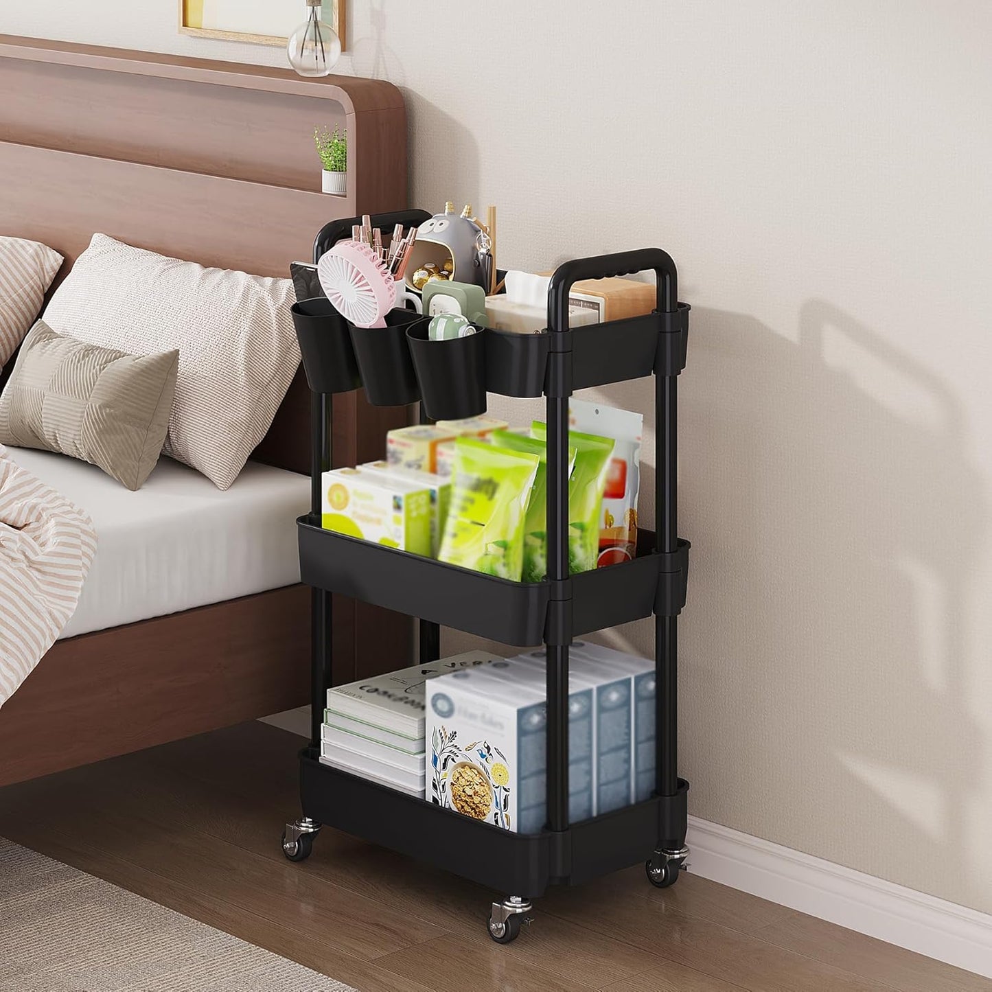 UDEAR 3-Tier Rolling Utility Cart,Multifunctional Storage Shelves with Handle and Lockable Wheels for Room,Office,Kitchen,Bathroom,with 3 Hanging Cups,Black