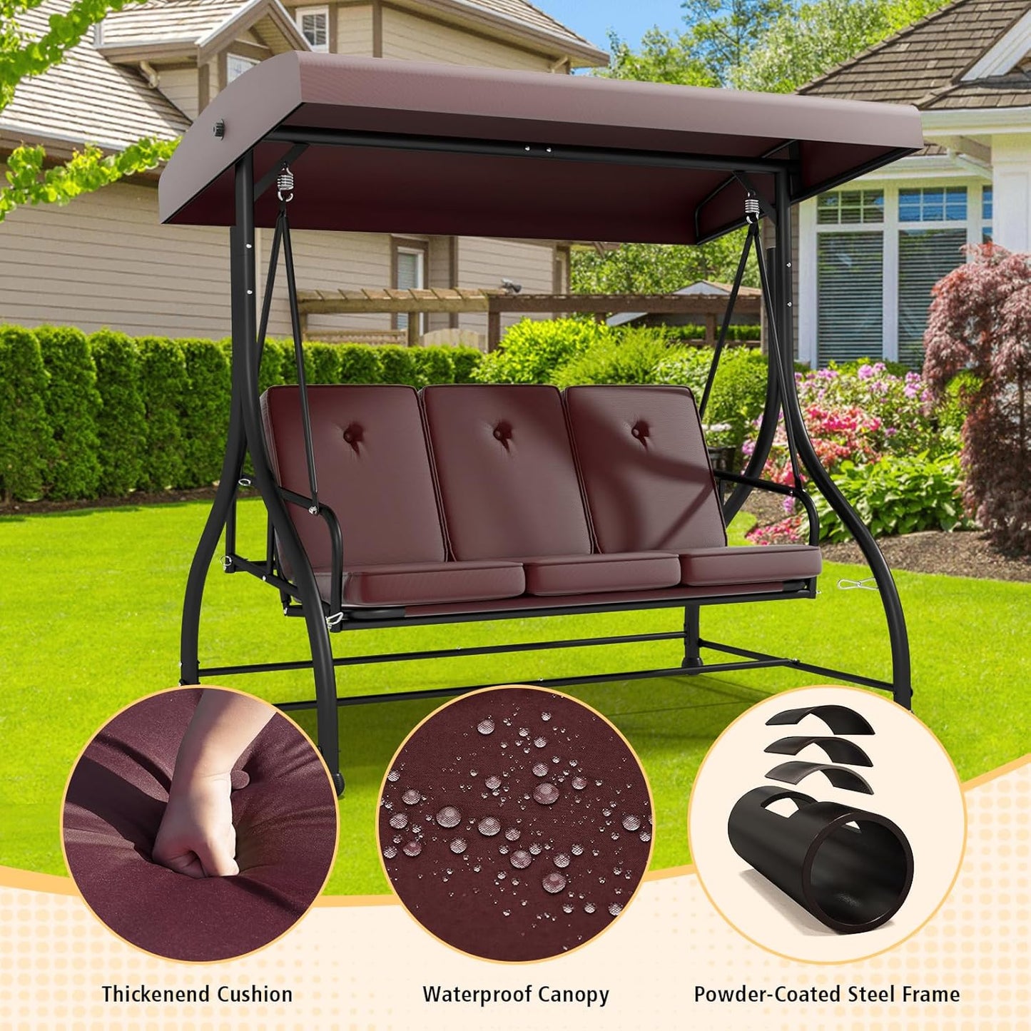 3 in 1 Porch Swing Chair with Adjustable Canopy Cover & Replacement Cushions, 3 Seat Patio Swings Bed with Heavy Duty Stand for Outdoor Backyard, Pools, Garden, Brown