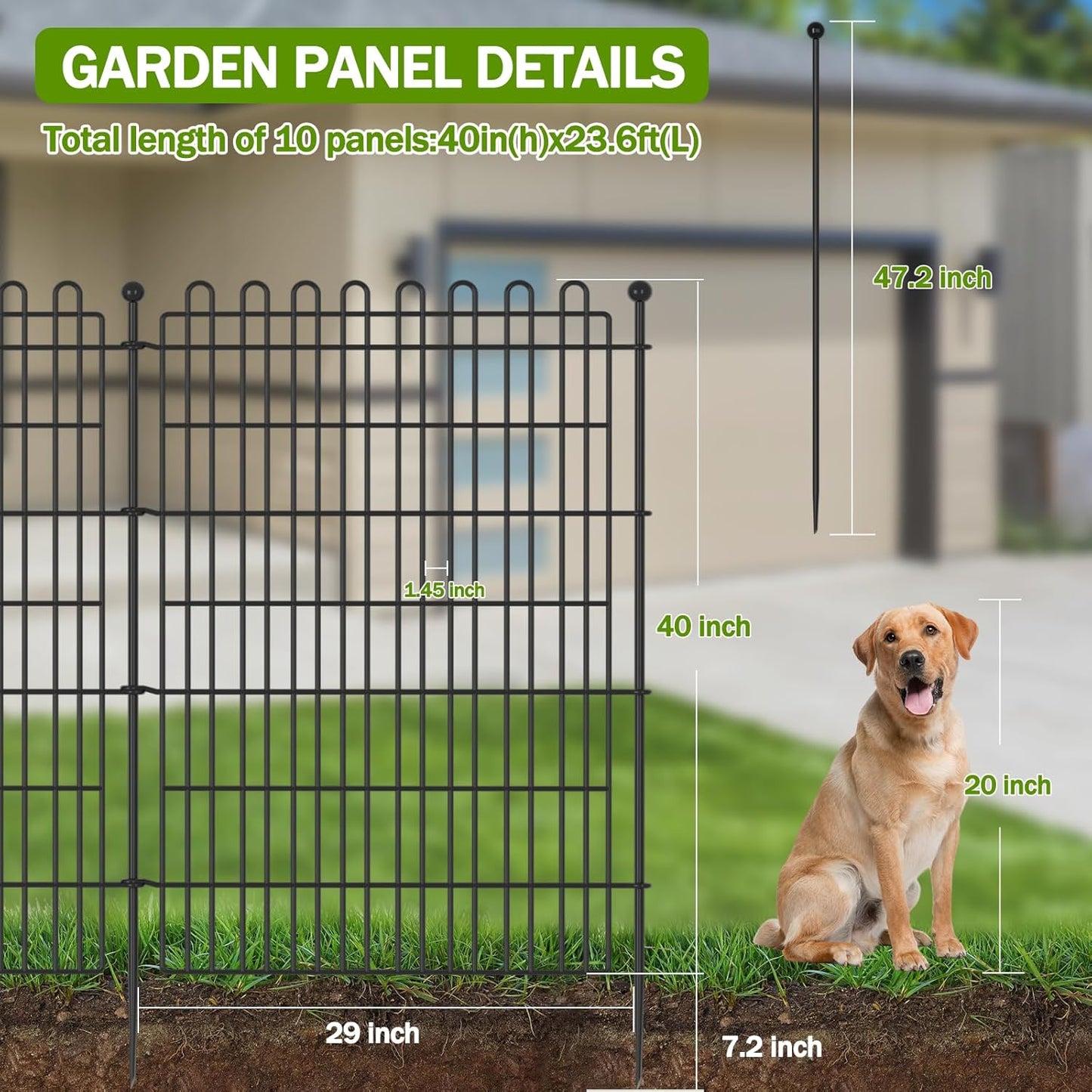 10 Panels No Dig Decorative Garden Fence for Yard, 40 in(H) X 23.6 ft(L) Animal Barrier Fencing for Outdoor Dog, Metal Portable Garden Fences for Borders, Pets, Landscape, Temporary Fence
