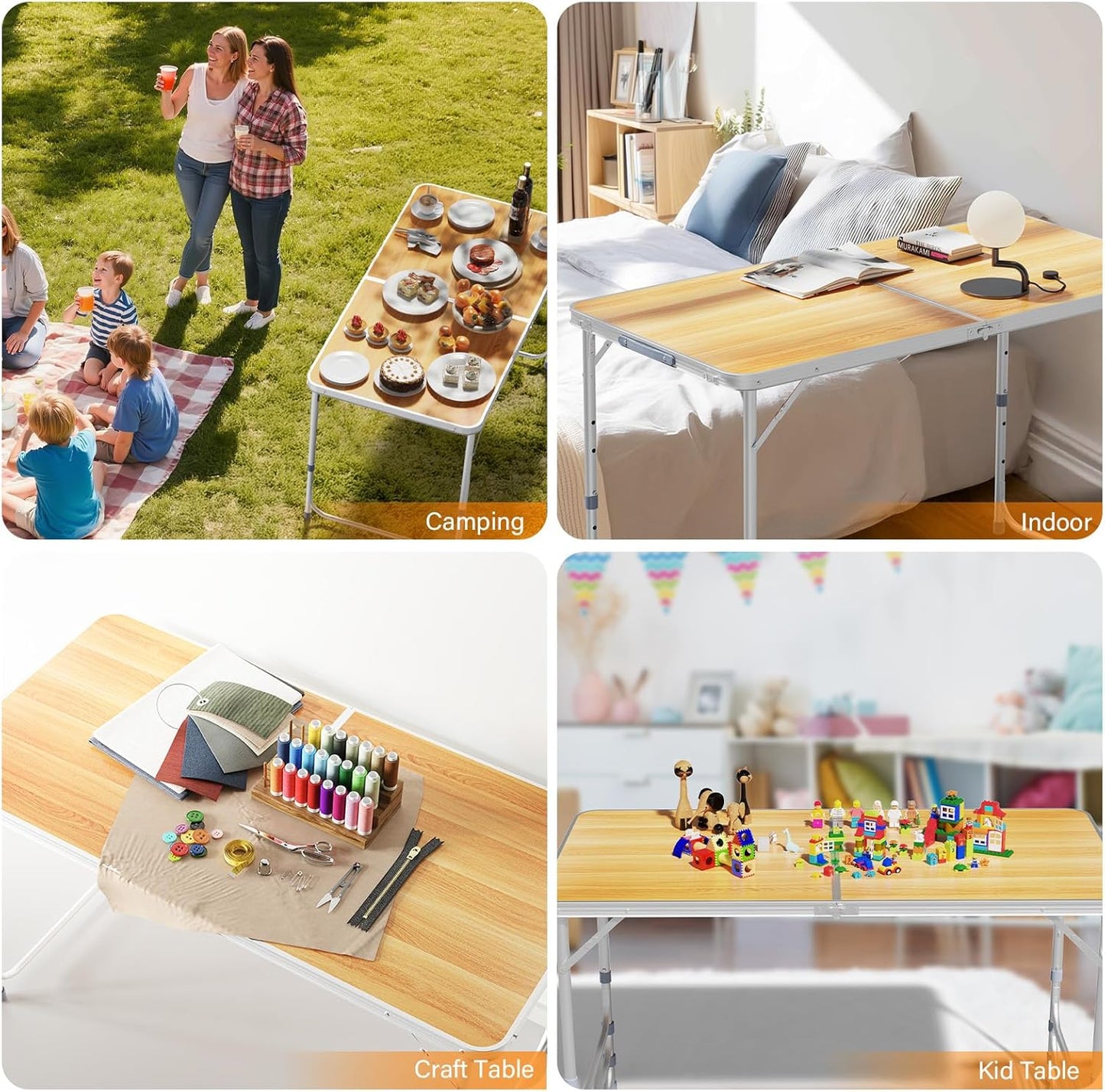 VINGLI 4FT White Folding Table with Carrying Handle Height Adjustable Lightweight Fold Up Portable for Indoor Outdoor Picnic,Camping,Hiking,Fishing,BBQ …