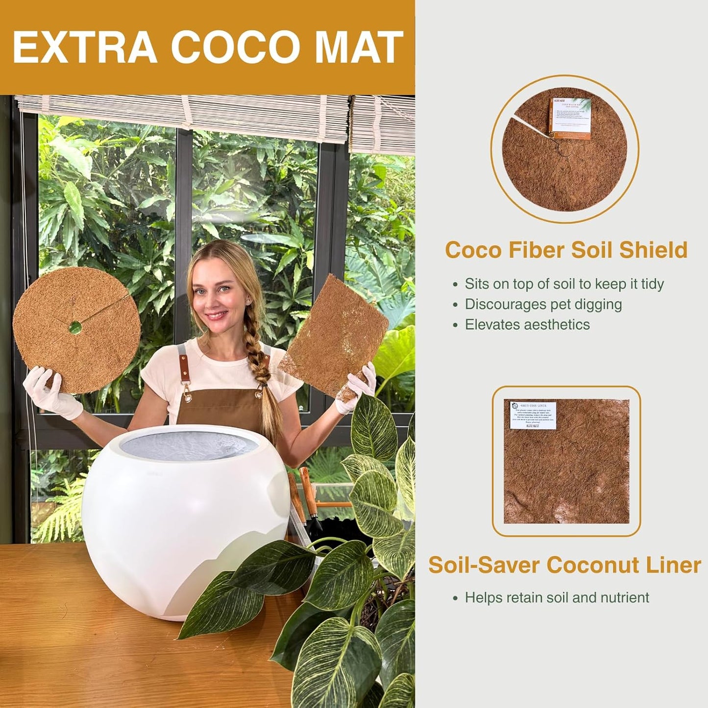 12.8" H x 16" D Globo Fiberstone Round Planter with Drainage Hole, Weather Resistant, Smooth Finish, Planters for Indoor Plants & Outdoor, 2 Extra Coco Mats (White, 10.7" Pot Opening)