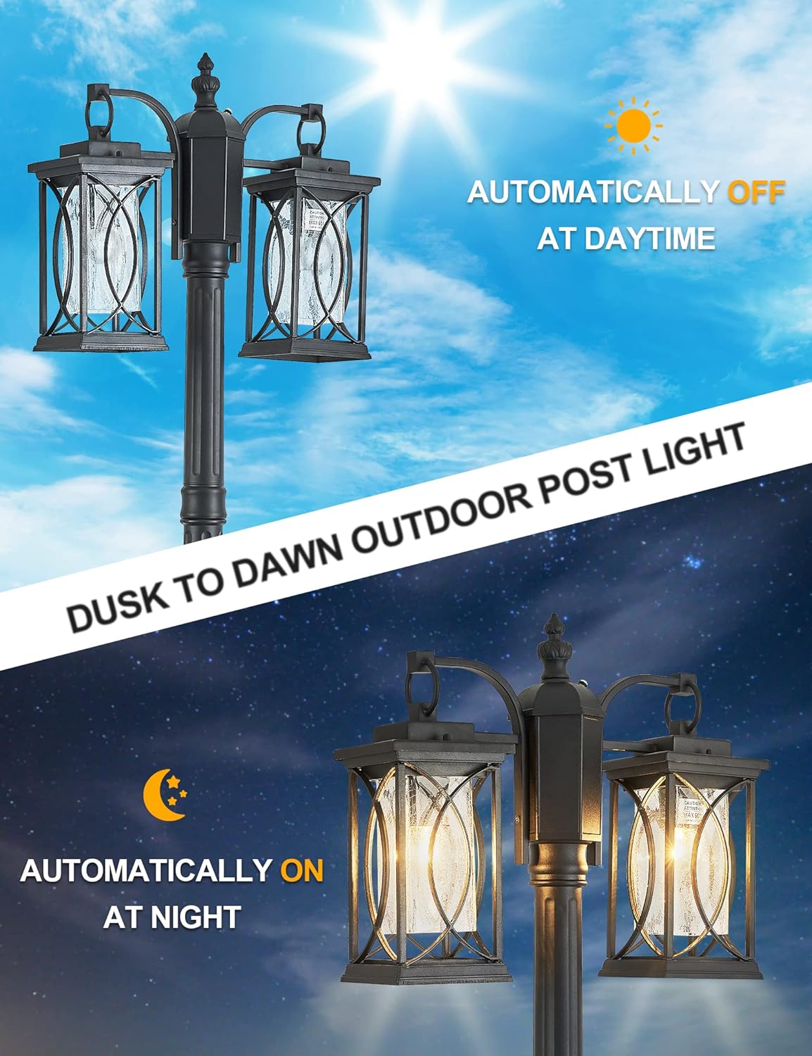 Dusk to Dawn Outdoor Lamp Post Light Modern 2-Head Street Pole Light Fixtures with Outlet, Waterproof Black Outside Street Light Electric Lantern for Backyard, Garden Patio Driveway