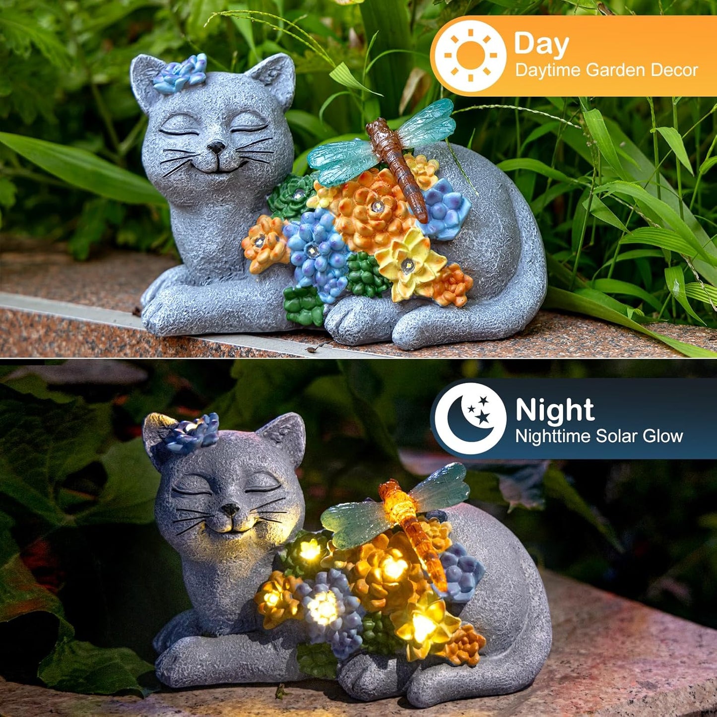 Solar Cat Garden Statue - Lying Outdoor Figurine with Dragonfly & Flower LEDs, Upgraded 2.0 Solar, Auto On/Off, IP65 Waterproof Hand-Painted Resin, Garden Decor, Gift for Cat Lovers, Mom, Grandma