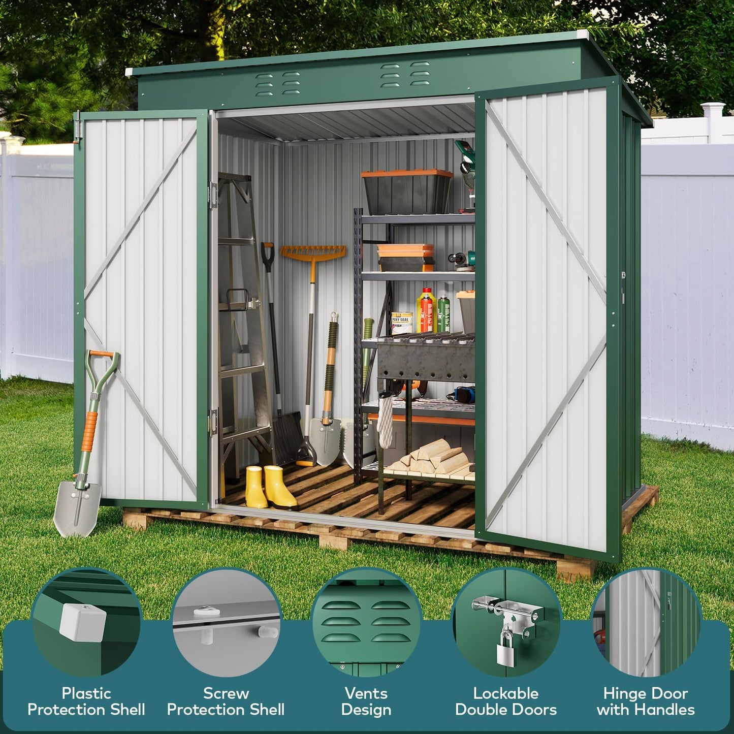 Gizoon 6' x 4' Outdoor Storage Shed with Double Lockable Doors, Anti-Corrosion Metal Garden Shed, Waterproof Shed Outdoor Storage Clearance for Backyard Patio Lawn-Green