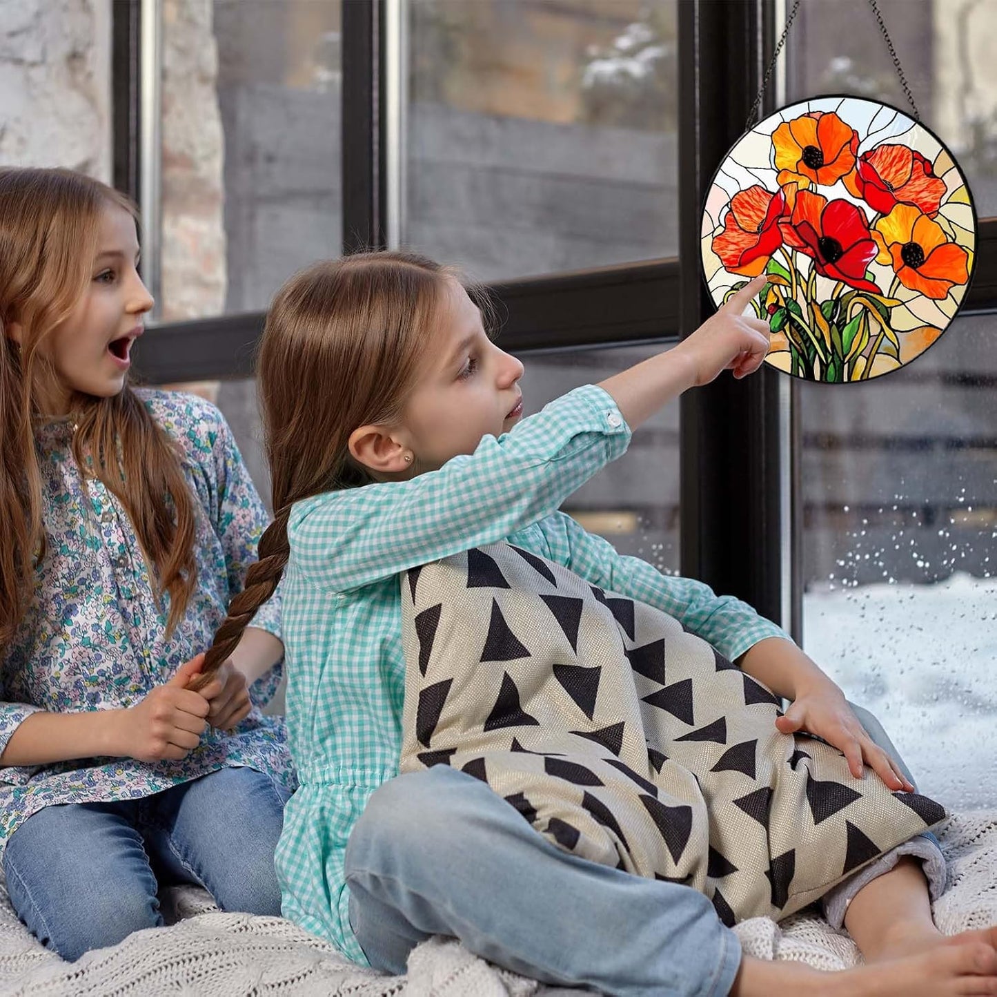 California Poppy Forest Sun Catcher Stained Glass Window Hanging Flower Lover Gifts for Women Red Poppy Wall Decor Handmade Suncatcher Decoration for Home Garden Housewarming Gifts