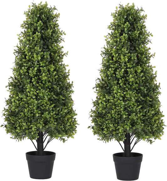 3ft Artificial Boxwood Topiary Trees (Set of 2) - UV Resistant Faux Plants Outdoor, Realistic 36" Fake Cone Bushes and Shrubs for Front Porch, Planter, Patio - Low Maintenance & Evergreen
