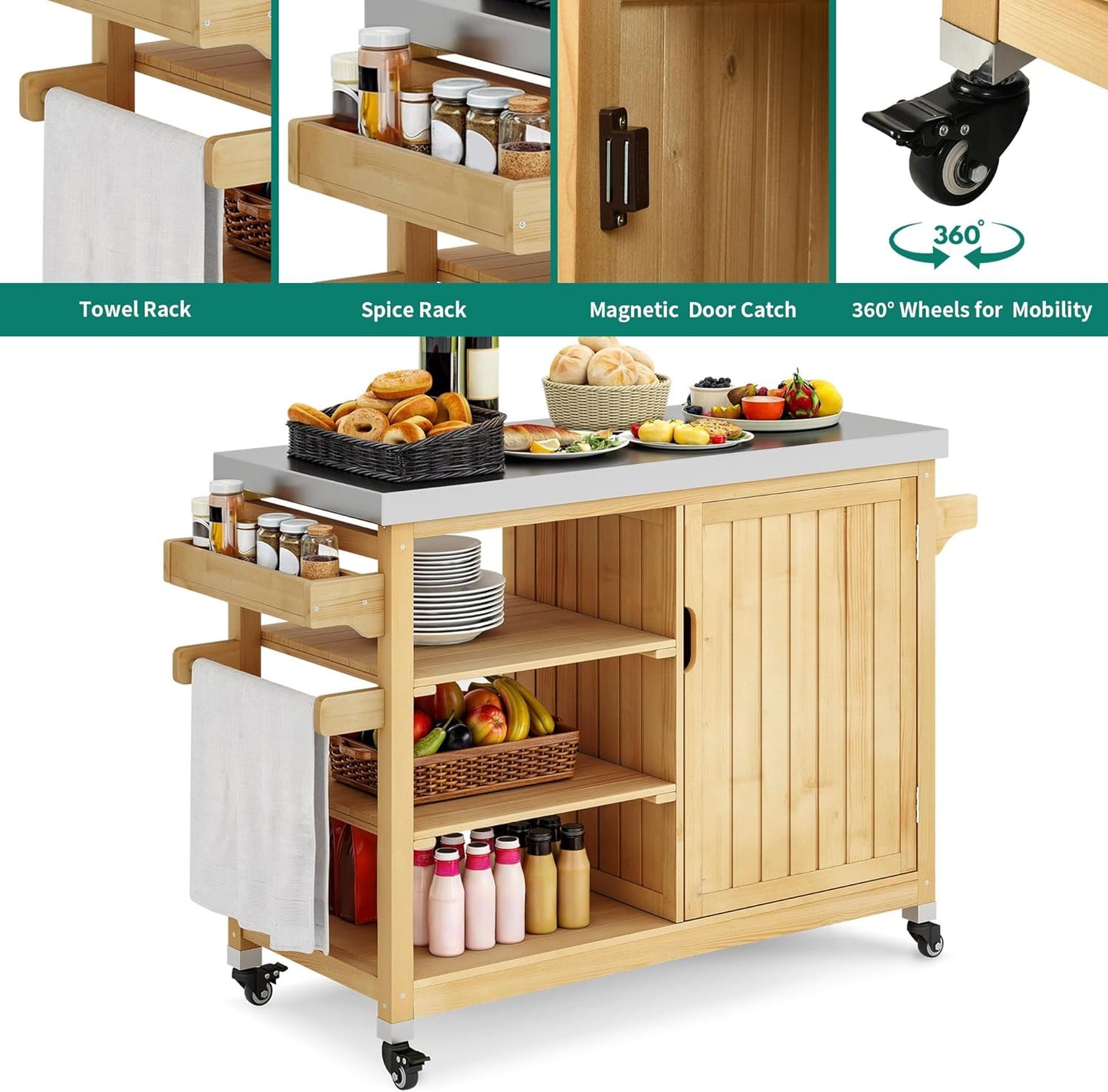 YITAHOME Solid Wood Patio Bar Table XL Outdoor Storage Cabinet Bar Table with Spice Rack and Lockable Wheels, Portable Outdoor Kitchen Island for Patio, Garden, Porch, Balcony, Natural