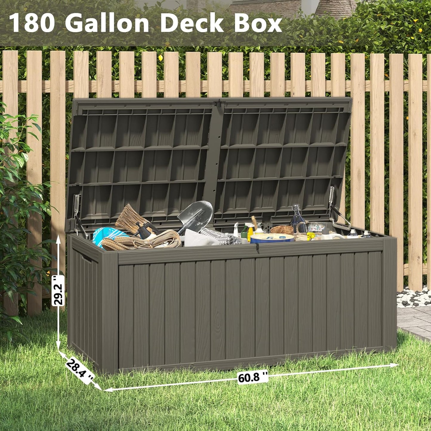 Outdoor Storage Box, 180 Gallon Deck Box, Waterproof and UV Resistant Large Resin Storage Bin, Organization and Storage for Patio Furniture, Outdoor Cushions, Garden Tools, Lockable
