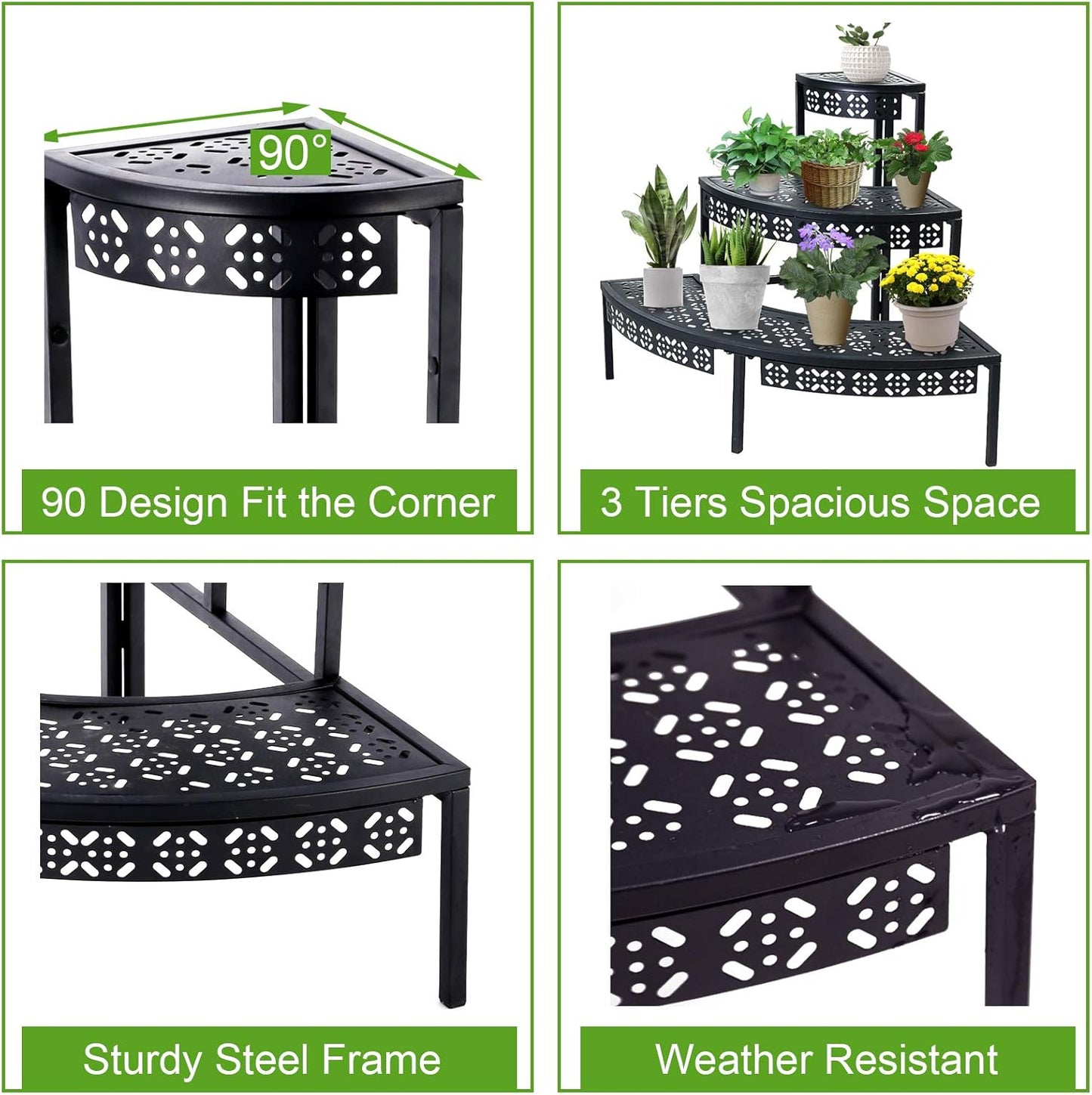 3 Tier Plant Stand Semi-Circular Flower Pot Organizer Rack Quarter Round Plant Display Holder Outdoor Storage Shelves Metal Corner Shelf Planter Shelving Ladder Plant Stand for Indoor Use(Black)