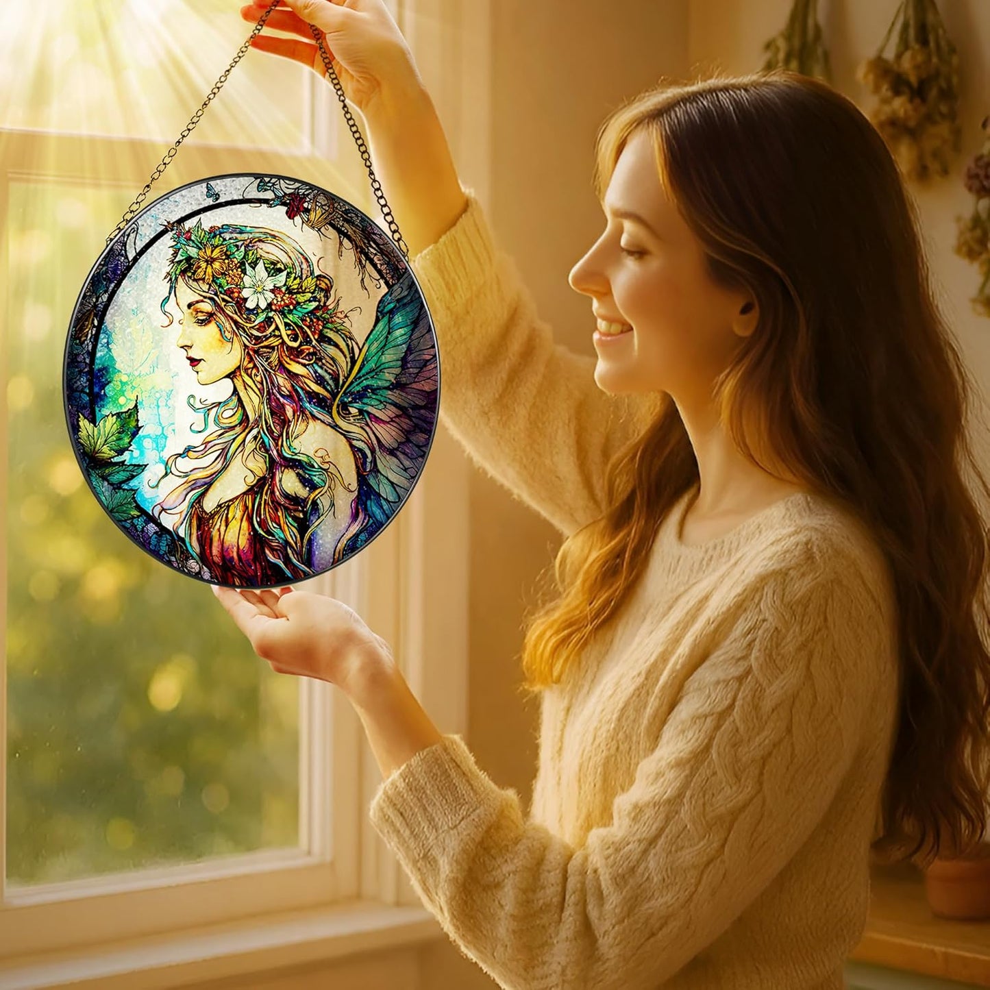 Stained Glass Window Hanging, LAOWEIKI 8'' Fairy Suncatcher, Stained Glass Ornament, Suncatchers for Windows Hanging, Window Decor, Outdoor or Indoor, Gifts for Women, Bestie, Friends