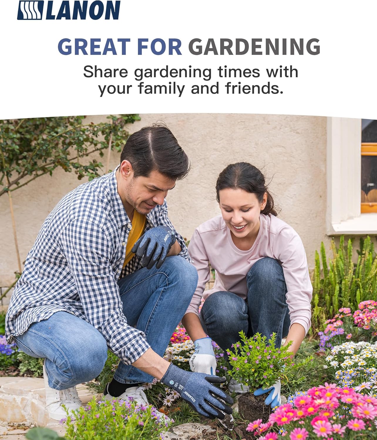 LANON Gardening Gloves for Men Women, 2 Pairs Nitrile Coated Garden Gloves with Grip, Breathable B.COMB AIR Technique, Dusty Olive & Bluebird, Large