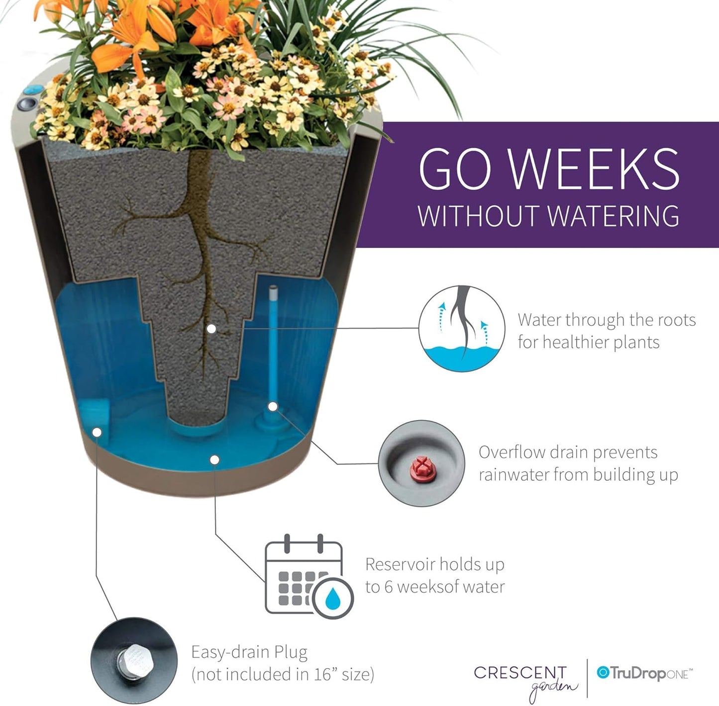 Crescent Garden Dot TruDrop Indoor/Outdoor Planter, Self-Watering Plant Pot, 20 Inches, (Caviar Black)