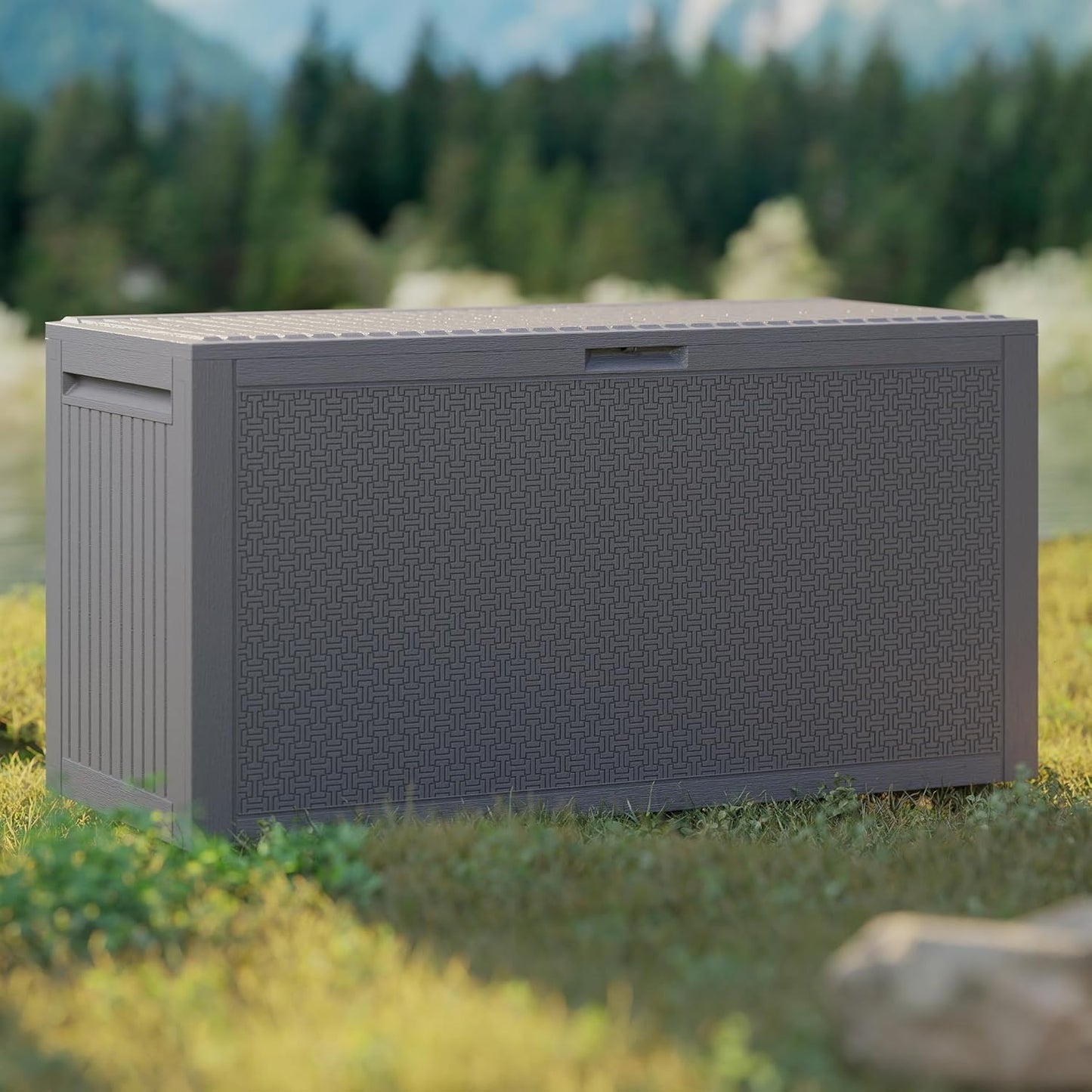 90 Gallon Outdoor Storage Box, Lockable Package Outside Storage Box Waterproof, Patio Cushions Deck Storage Boxes, Rattan Plastic Garden Hose Containers Resin Pool Storage Bins with lids, Grey