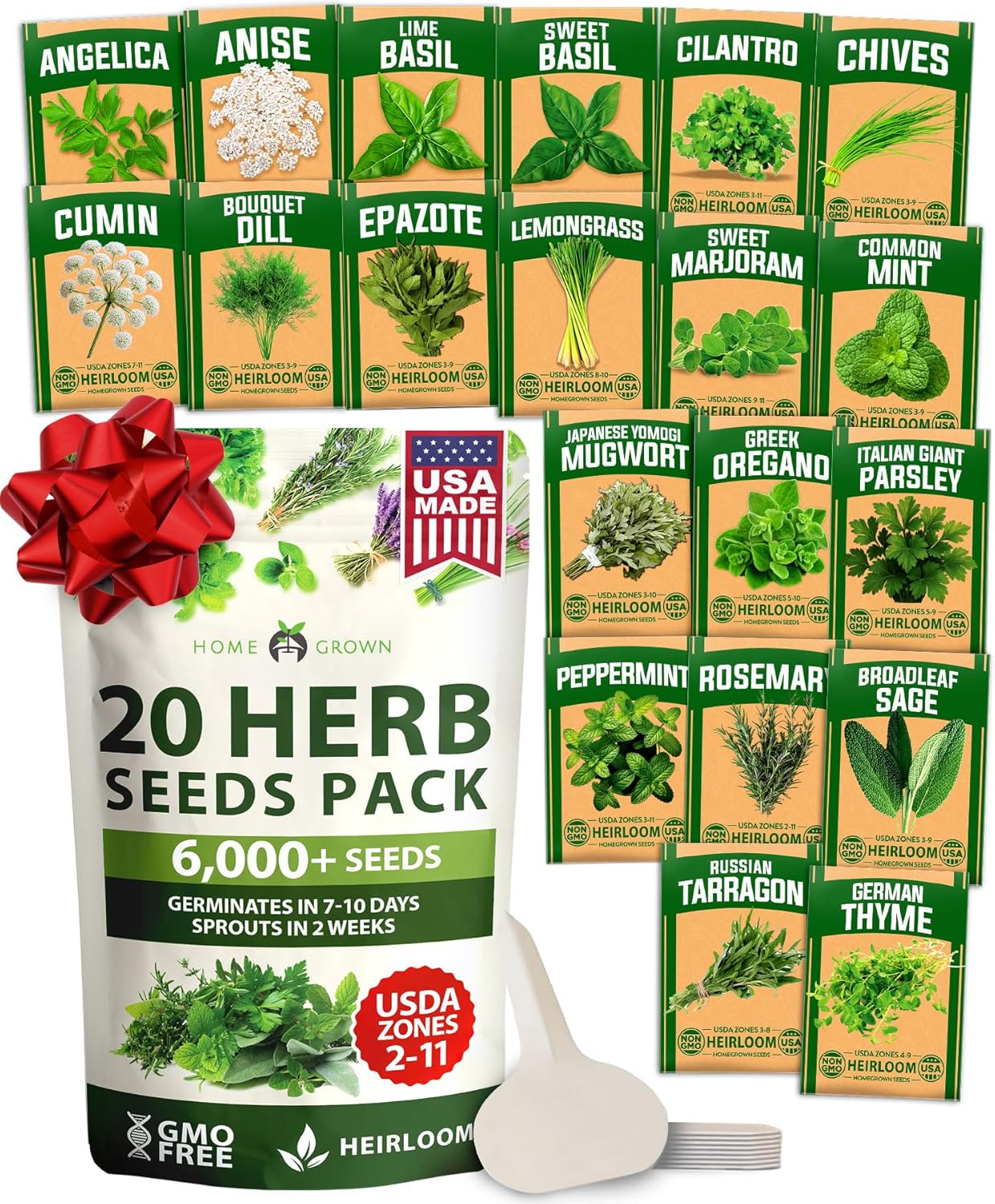 HOME GROWN 20 Herb Seeds for Planting 6,000+ Non-GMO Heirloom Seeds | Extra Large Variety Pack Herb Kit – Indoor Outdoor & Hydroponic | Culinary Seed Set | Grow Your Own Herbs | Gardening Gift