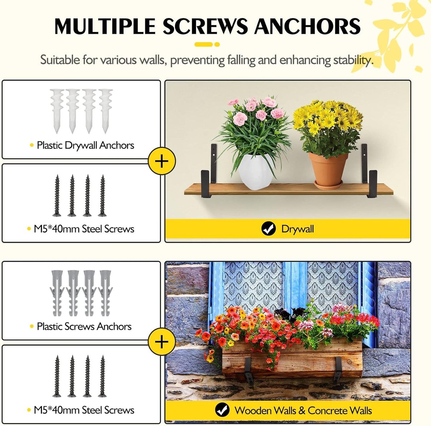 LukLoy Window Planter Box Brackets, 6 Pack Adjustable Heavy Duty Wall Mount Window Flower Boxes Outdoor with Bracket (6 to 12 in), with 70lbs Capacity, Black