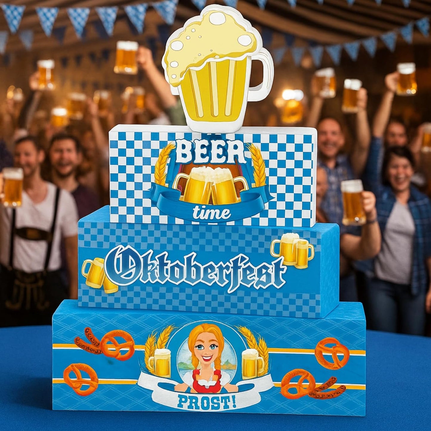 Yalikop 4 Pcs Oktoberfest Table Decorations Wooden Oktoberfest Tiered Tray Decorations October Festival Wooden Block Centerpieces for Tables for Home Shelf