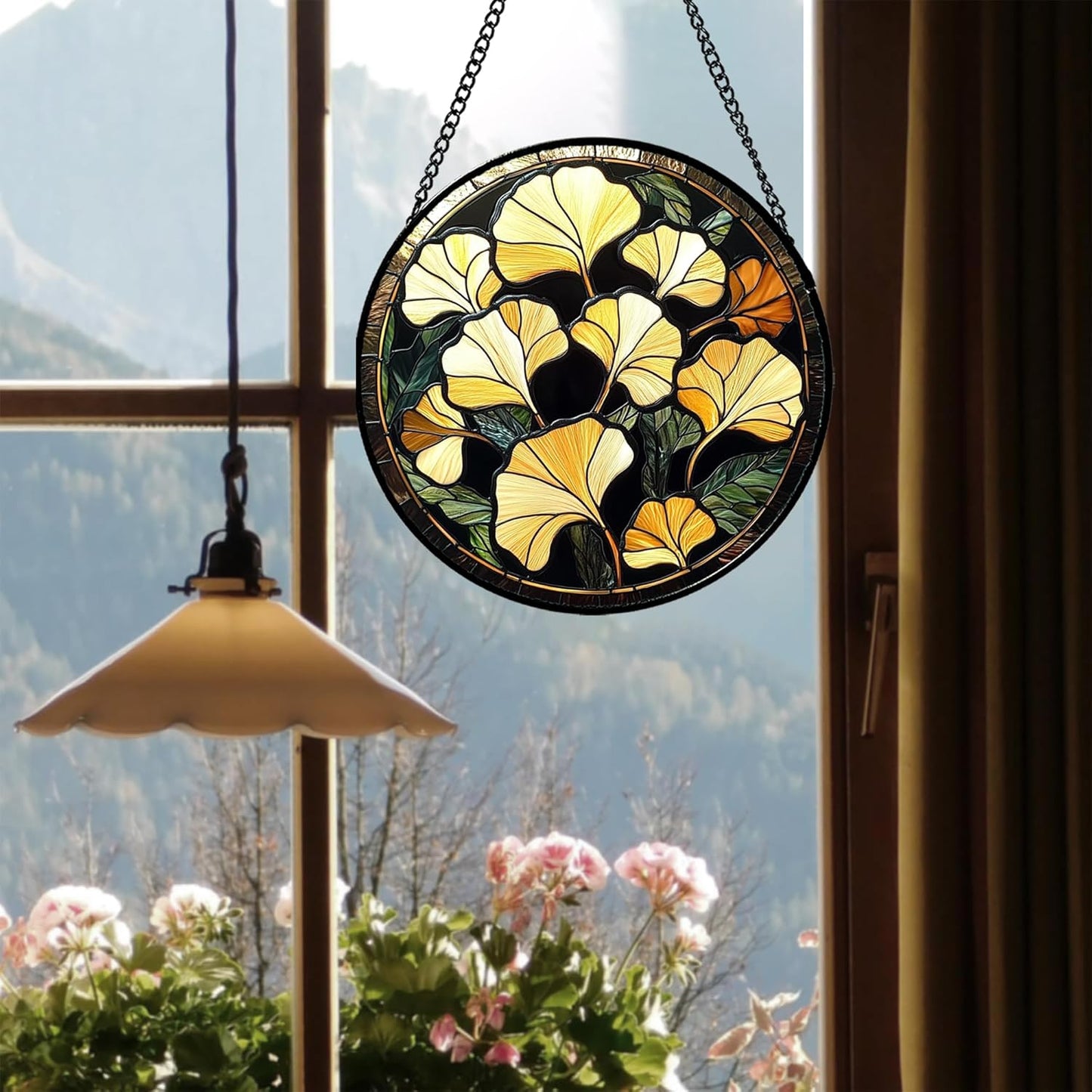 Stained Glass Window Hanging - Ginkgo Leaf Suncatcher for Doors Garden Patio Retro Fall Decor Sun Catchers Christmas Mother's Day Birthday Gifts for Women Men Mom Nana Friend 6.3 in