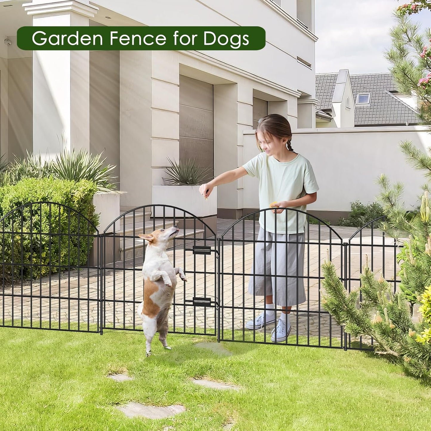 Metal Garden Fence with Gate 28in (H) x 18.7ft (L), 1 Gate + 7 Panels Dog Fence Border Fence Animal Barrier, No Dig Garden Fencing for Yard Flower Bed Lawn Patio Outdoor, ECG2829 Black