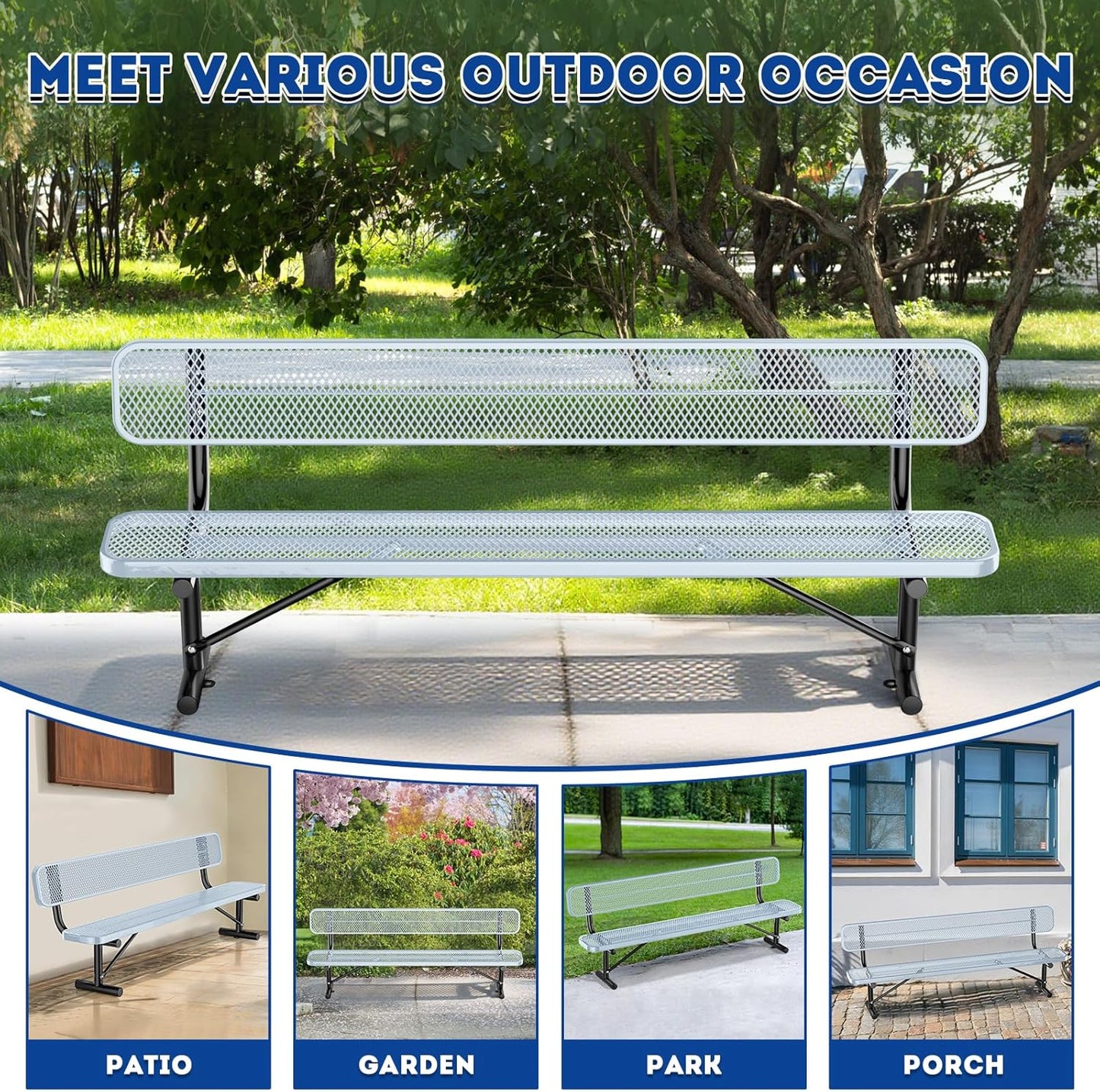 8Ft Heavy Duty Park Bench with Back Portable Frame, Outdoor Steel Bench with Backrest, Expanded Metal Mesh Bench for Lawn, Park, Deck, Garden, Patio, Porch, Grey