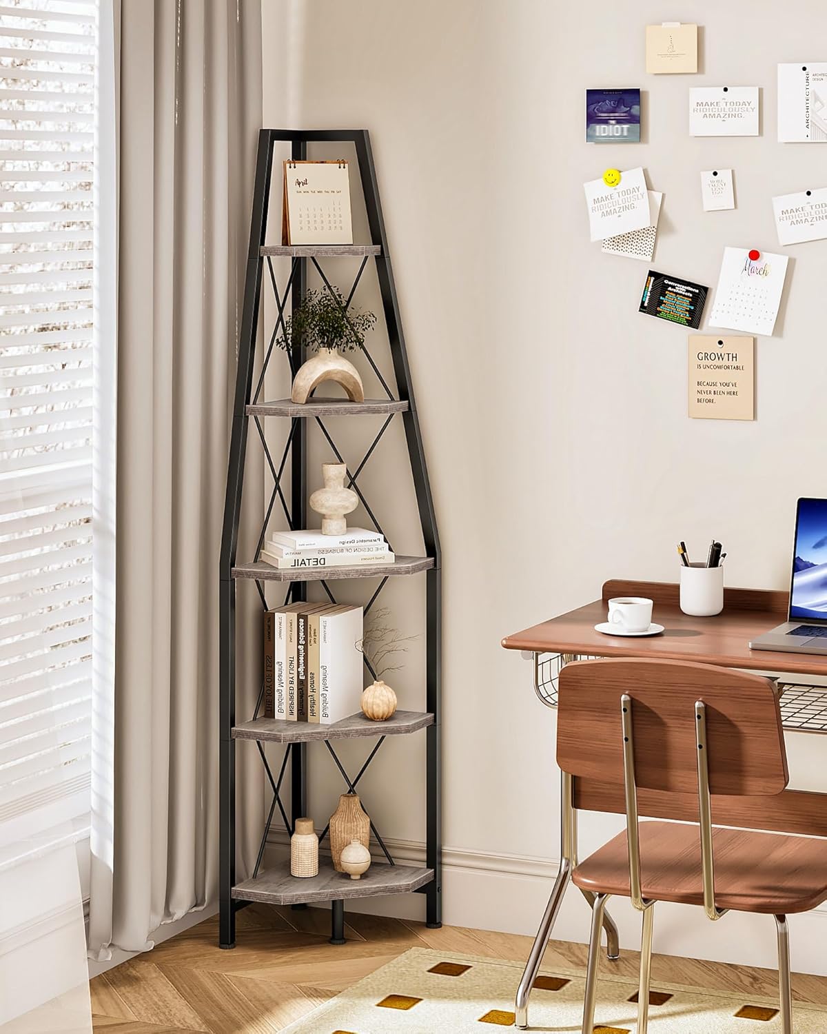5-Tier Corner Shelf, Corner Bookshelf, Ladder Shelf, Floor Standing Storage Rack, Open Display Stand, Plant Stand, for Living Room, Bedroom, Study, Bathroom, Greige and Black TCJ22BG