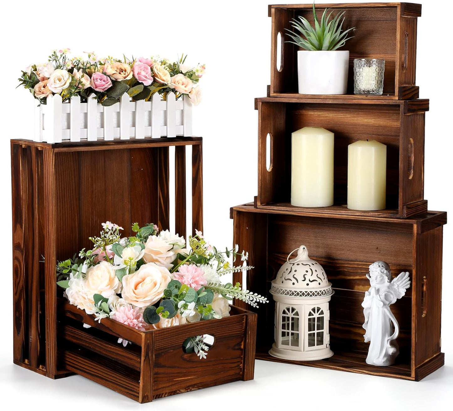 5 Pack Decorative Wood Crates for Display 5 Sizes Rustic Nesting Wooden Crates Vintage Storage Container Boxes with Handles Handmade Decorative Baskets Bin for Farmhouse(Rustic Brown)