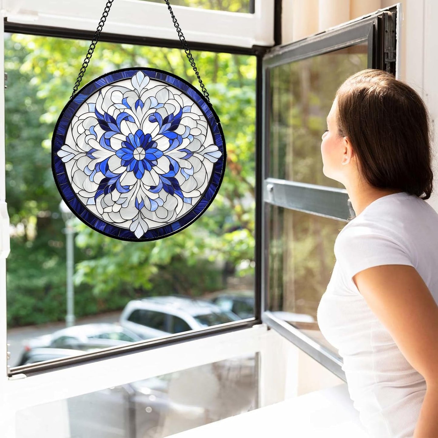 Stained Glass Window Hanging - Blue White Boho Flower Suncatcher for Door Garden Yard Sun Catchers Decor Christmas Mother's Day Birthday Gifts for Women Mom Nana Friend Teacher 15 in