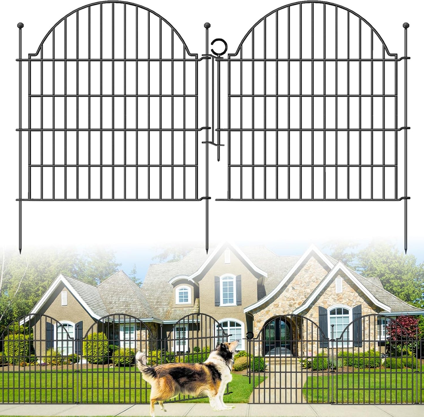 Decorative Metal Garden Fence with Gate Lock 10 Panels, 32in (H) x 23.6ft (L) No Dig Dog Fence Outdoor for Yard, Temporary Rustproof Metal Wire Rabbit Dog Garden Border Fencing for Patio