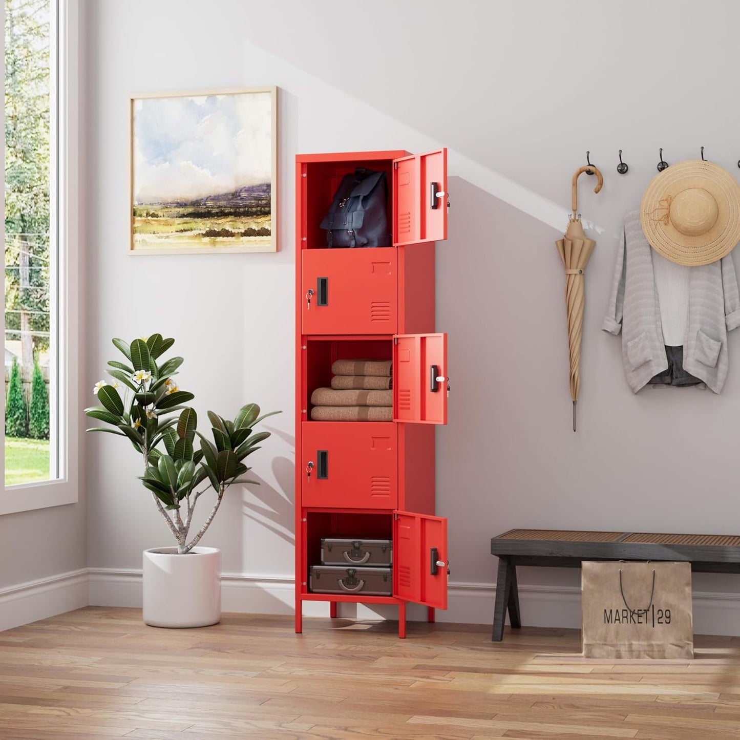 5 Doors Metal Storage Locker for Employees,Steel Home Office Storage Cabinet,66" H Employee Lockers with Adjustable Feet for School Gym Home Office, Assembly Required,Red
