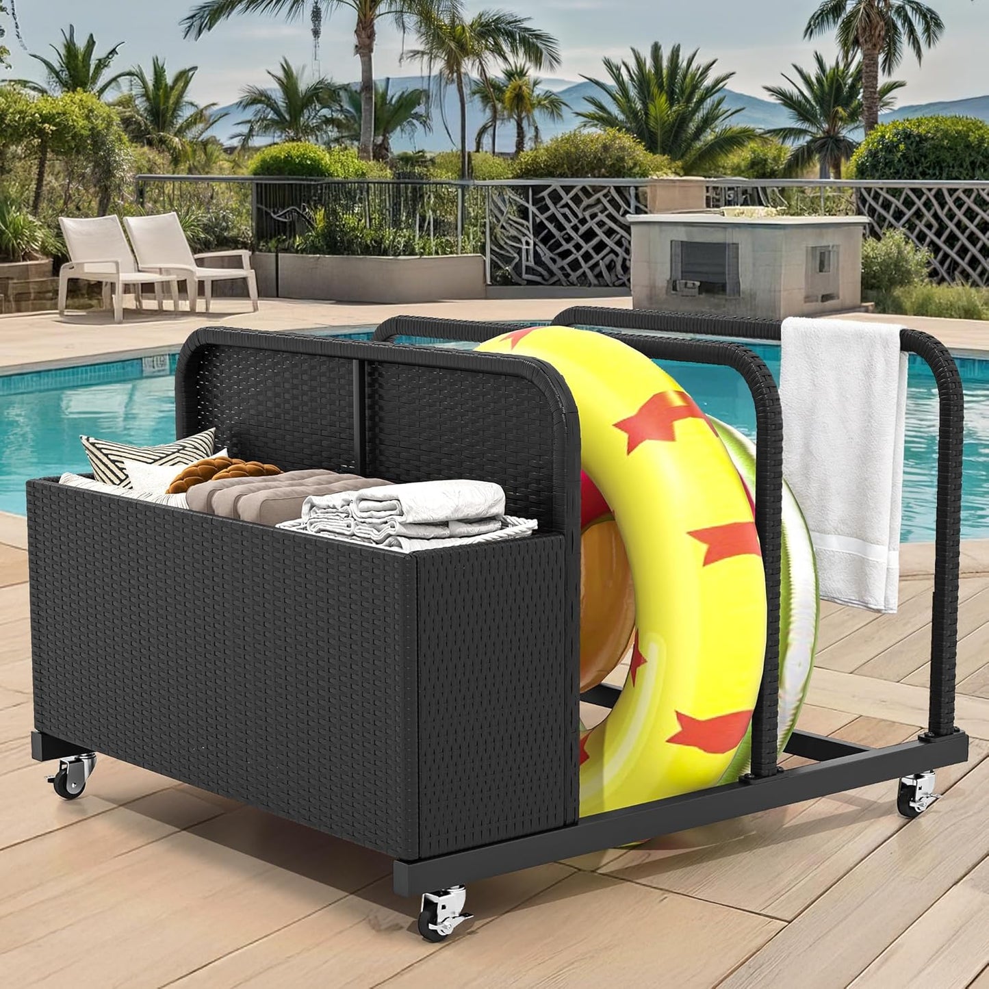 DWVO Pool Float Storage, Pool Storage Bin with PE Rattan,Pool Storage for cushions, Floaties, Noodles, Life Vests, Beach Balls, Patio Furniture (Black)