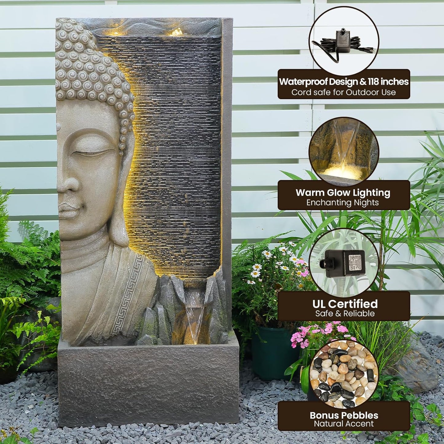 47.5" Buddha Water Fountain Outdoor with LED Lights, Large Zen Garden Waterfall Feature with Double Bubblers and Stream, Resin Statue for Patio, Yard, Porch, Meditation Decor