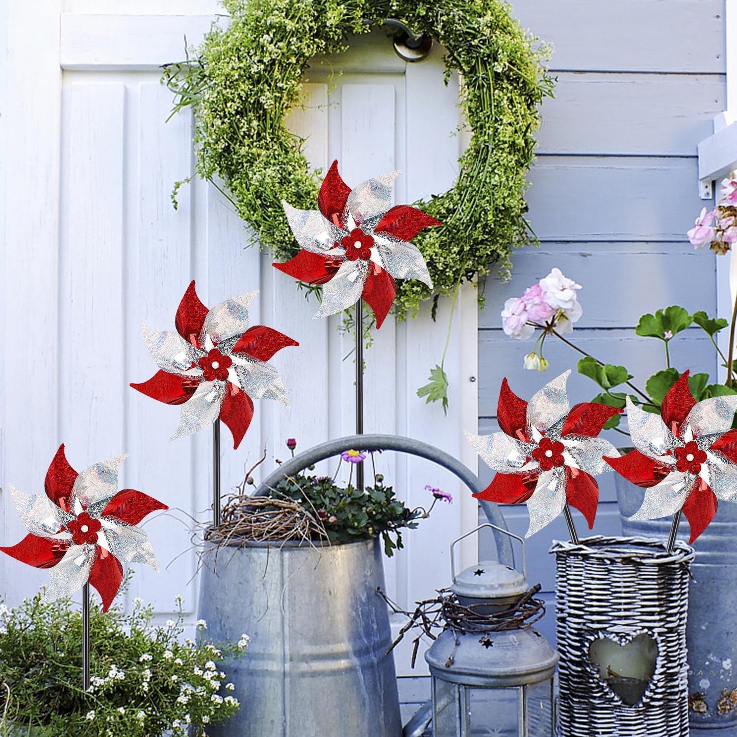 Hausse 10 Pack Reflective Pinwheels, Extra Sparkly Wind Sculptures for Garden Christmas Holiday Winter Decor, Bird Devices Deterrent to Scare Birds Away from Yard Patio Farm, Red & Silver