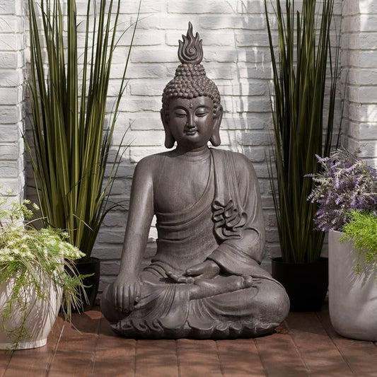 John Timberland Large Tall Sitting Buddha Statue Sculpture Zen Asian Japanese Garden Decor Indoor Outdoor Front Porch Patio Yard Outside Home Balcony House Lawn Stone Gray Finish Resin 42" High