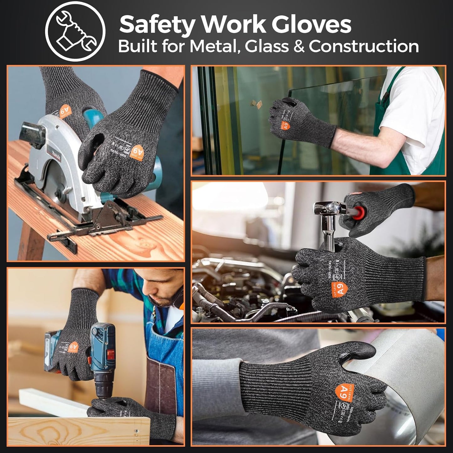 Donfri 3 Pairs A9 Cut Resistant Work Gloves for Men - Steel + HPPE Hybrid Safety Gloves for Men, ANSI Cut Level 9 Protection Flexible for Metal Glass Wood Construction Fishing