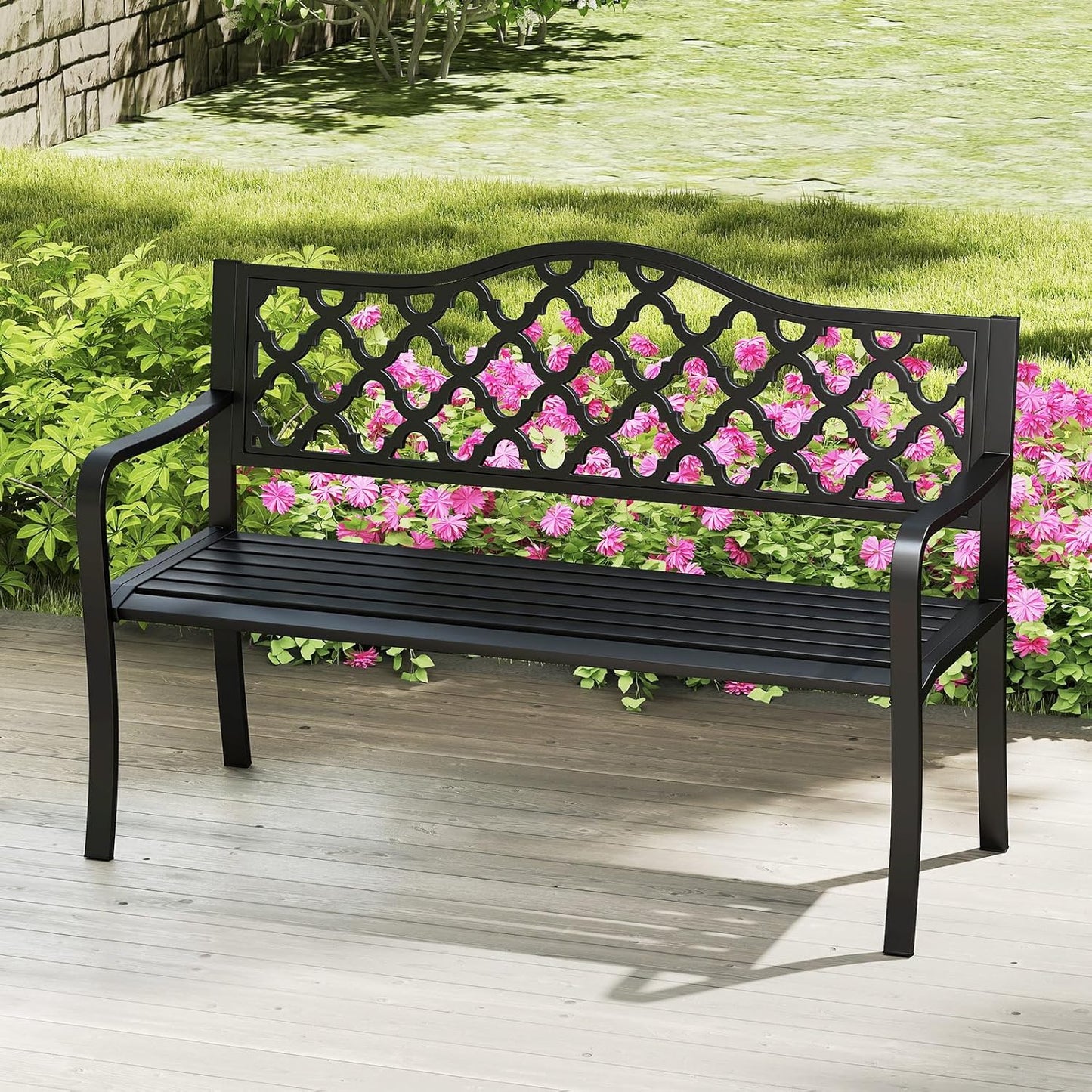 Tangkula 50.5” Metal Outdoor Park Bench, Slatted Patio Garden Bench for 2-3 People, Park-Style Loveseat with Curved Armrests, Heavy-Duty Outdoor Seating for Backyard, Lawn, Porch