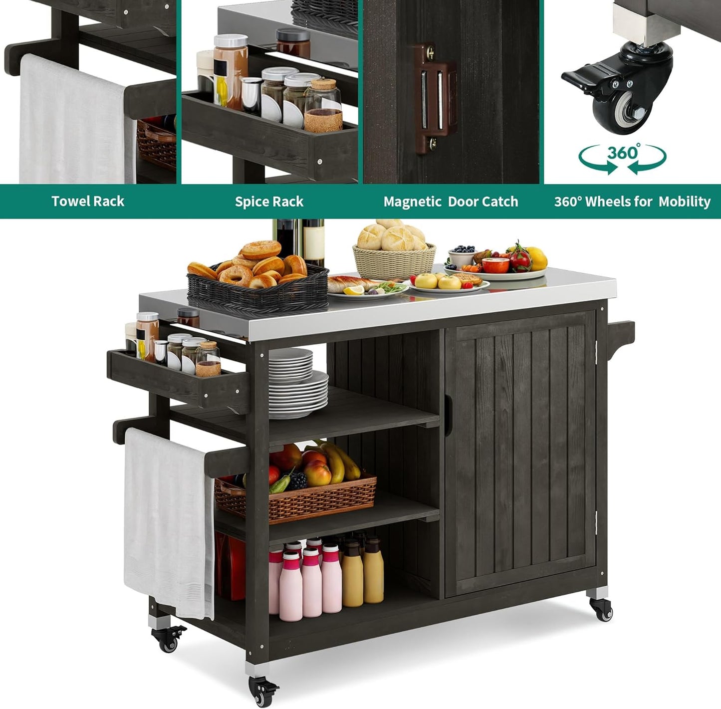 YITAHOME Solid Wood Patio Bar Table XL Outdoor Storage Cabinet Bar Table with Spice Rack and Lockable Wheels, Portable Outdoor Kitchen Island for Patio, Garden, Porch, Balcony, Brown