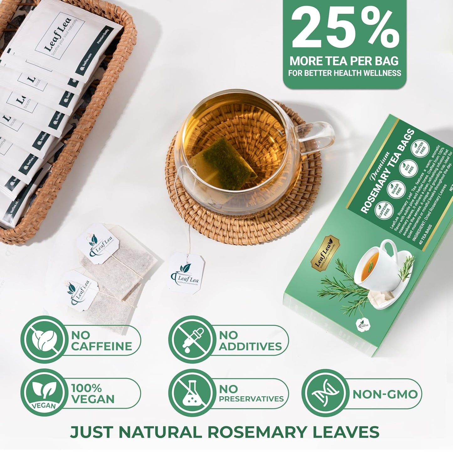LeafLea 40 Premium Rosemary Tea Bags from 100% Natural Rosemary Leaves, Herbal Tea for Gentle Digestive Comfort, Te De Romero Earthy Taste & Light Aroma, Caffeine-Free, Sugar-Free, Non-GMO