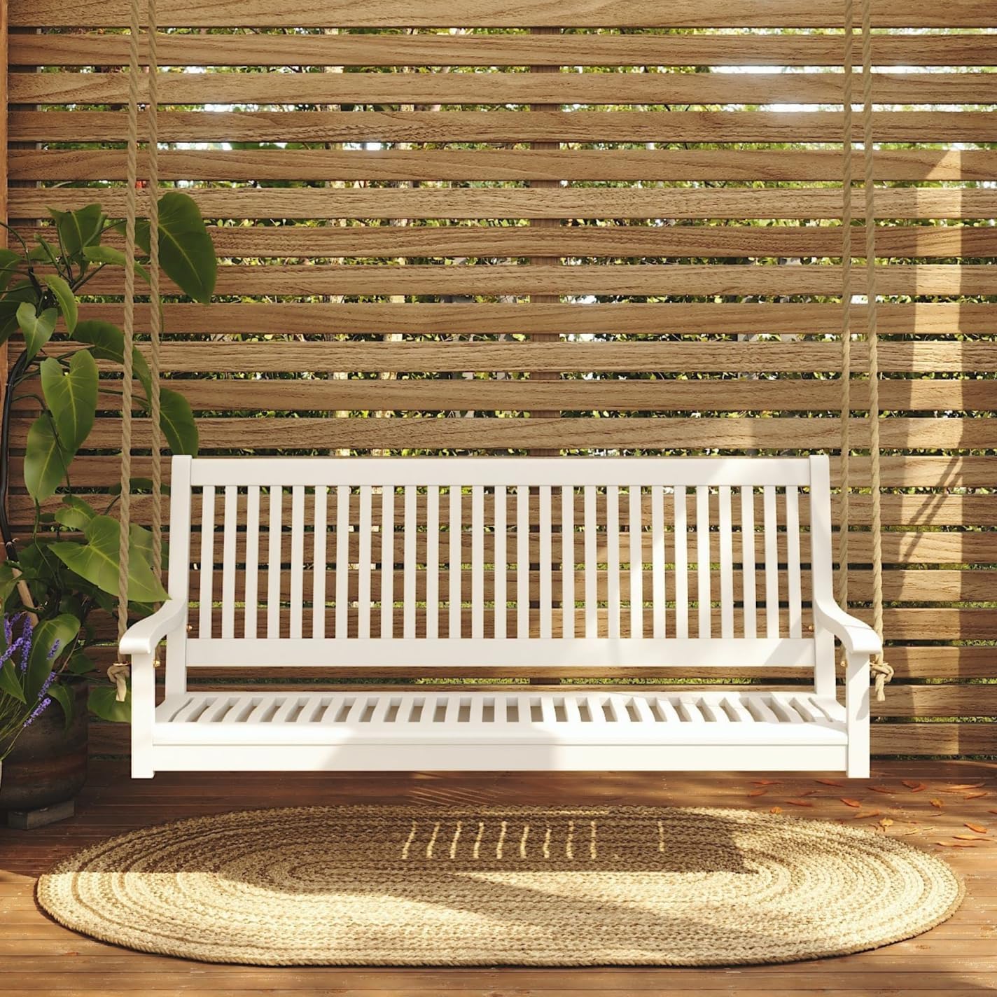 East Green Hayden 5 Foot White Porch Swing with Ropes - Outdoor Bench Swing Crafted from Naturally Weather-Resistant Acacia Wood
