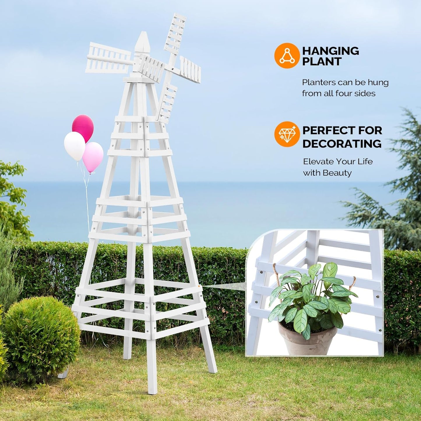 VINGLI Outdoor Yard Windmill, Wooden Wind Spinner for Garden Lawn Yard Patio Decoration (White, Large)
