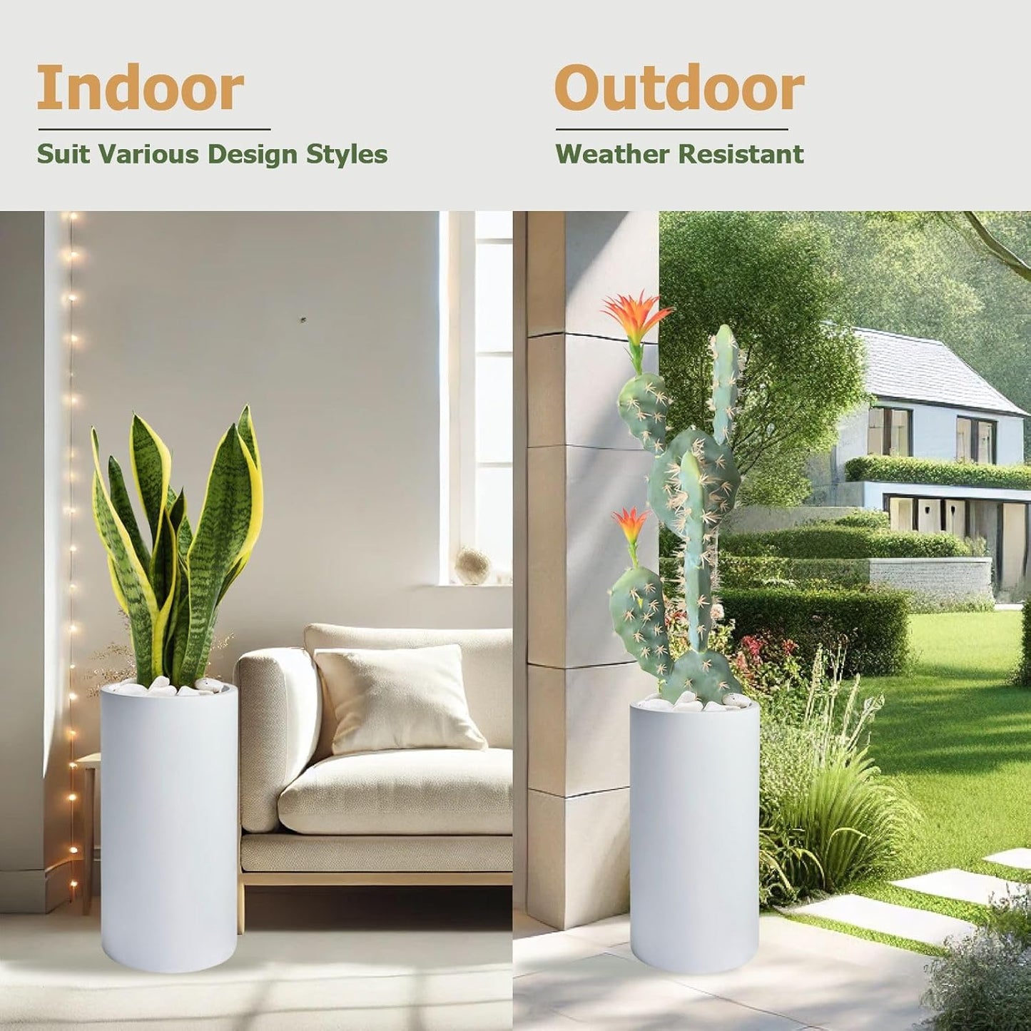 19.5"H x 9.8"D Tubo Fiberstone Cylinder Tall Planter with Drainage Hole, Smooth Finishes, Weather Resistant for Indoor and Outdoor Use, Included 2 Extra Coco Mats (White, 8.2" Pot Opening)