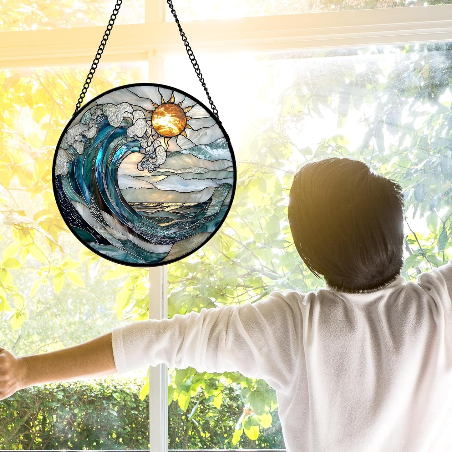 Stained Glass Window Hanging, Blue and White Waves Suncatcher Diamond Glass Panel Landscape Sun Catchers Decor for Birthday for Women, Men, Wife, Aunt, and Mom 9.8 in