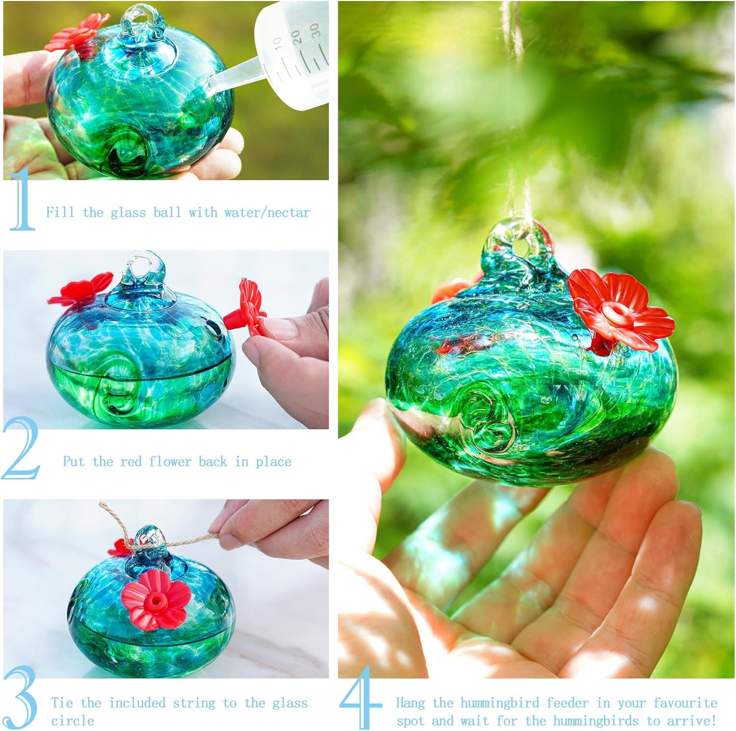 Blown Glass Hummingbird Feeders for Outdoors Small Glass Hummingbird Feeders to Attract Hummingbirds Ant and Bee Resistant Round Feeder Unique Gifts for Woman - 2 Feeding Ports