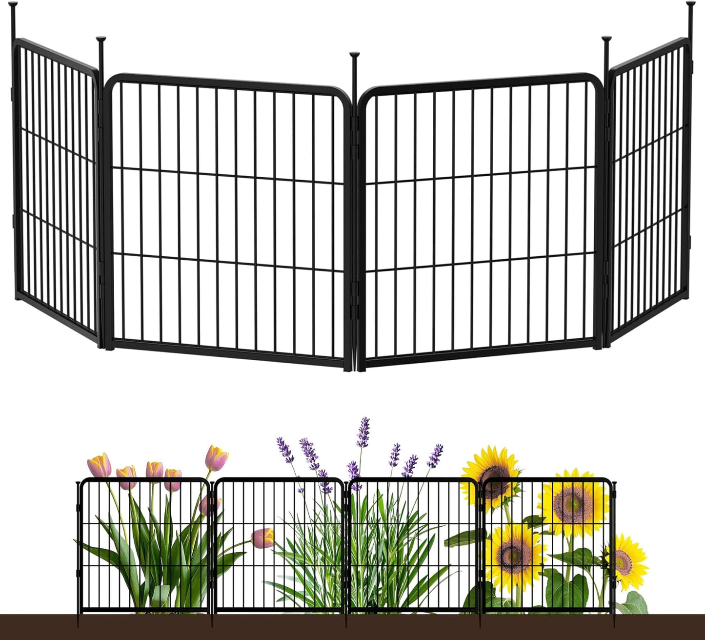 Doorless Garden Fence 24 in(H) x 7.4 ft(L) 4 Panels, Heavy Duty Metal Animal Barrier Fence, No Dig Fence for Dogs, Rabbit Fence for Garden, Black