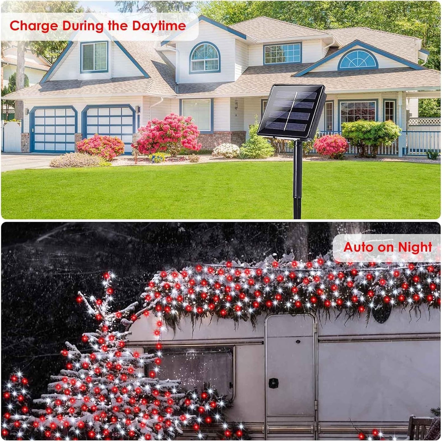 2 Pack 200 LED Solar Christmas Lights Outdoor Waterproof, Solar String Lights for Outside, Solar Outdoor String Light with 8 Lighting Modes for Xmas Tree Wedding Party Yard Decorations (Red and White)
