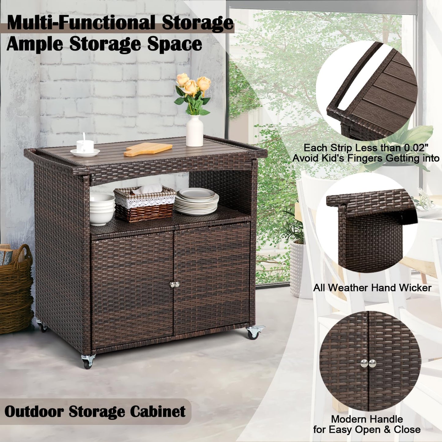 Outdoor Storage Cabinet,Outdoor Cabinet for Patio Bar Cart with Rolling Wheels Patio Bar Table with Storage Wicker Buffet Cabinets prep Table Kitchen Serving Cart with Door,Shelves,Handle Brown