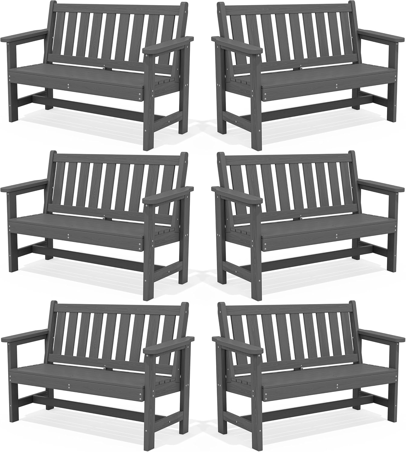 SERWALL Outdoor Bench, HDPE Outdoor Benches Weatherproof, 2-Person Garden Bench with 660 lbs Weight Capacity, Patio Benches for Outdoors, Garden, Porch, Backyard and Park, Grey, 6 Pack