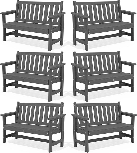 SERWALL Outdoor Bench, HDPE Outdoor Benches Weatherproof, 2-Person Garden Bench with 660 lbs Weight Capacity, Patio Benches for Outdoors, Garden, Porch, Backyard and Park, Grey, 6 Pack
