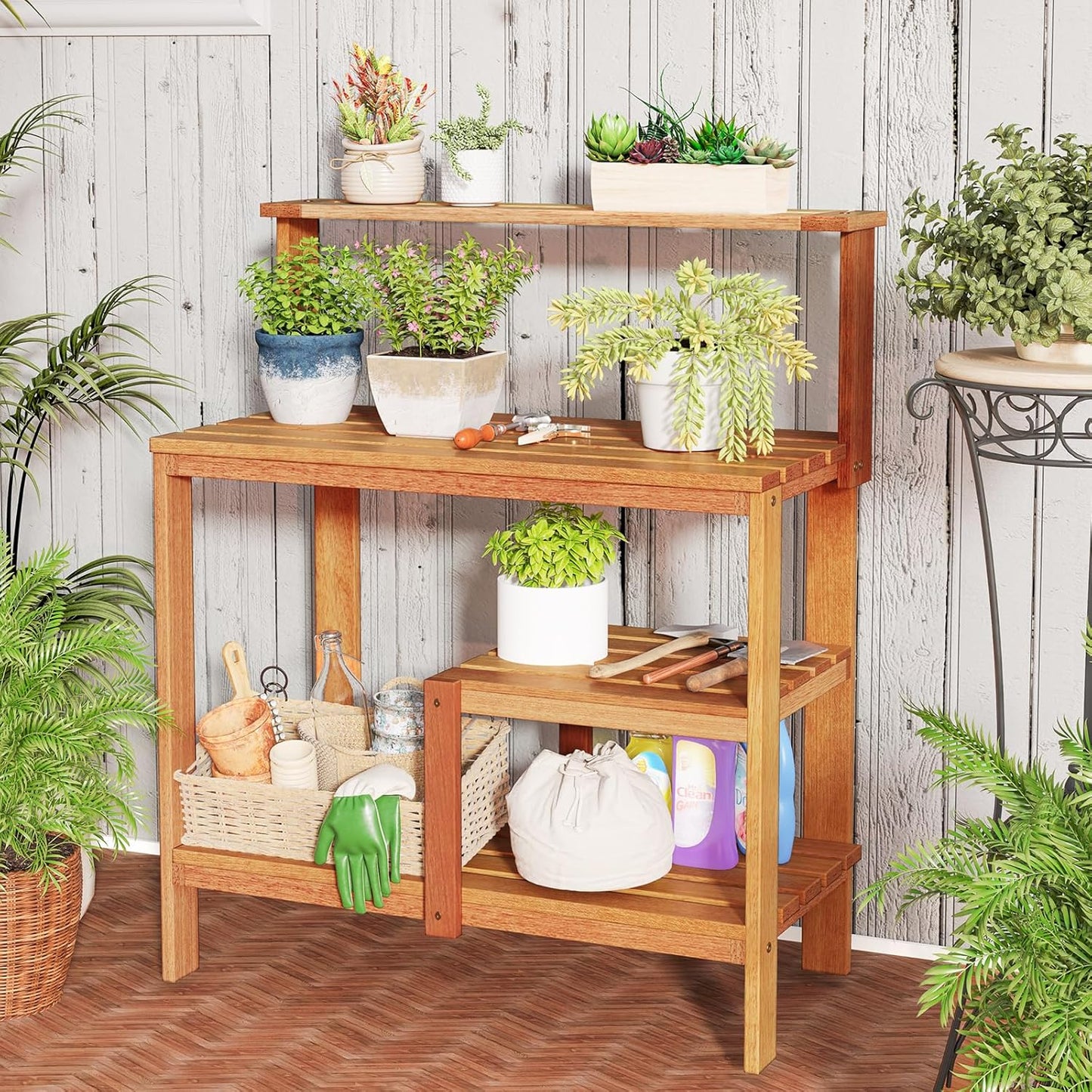 Happygrill Potting Bench Table, Outdoor Wood Work Bench with Storage, Open Shelves & Teak Oil Finish, Patio Horticulture Garden Table for Backyard, Balcony, Natural