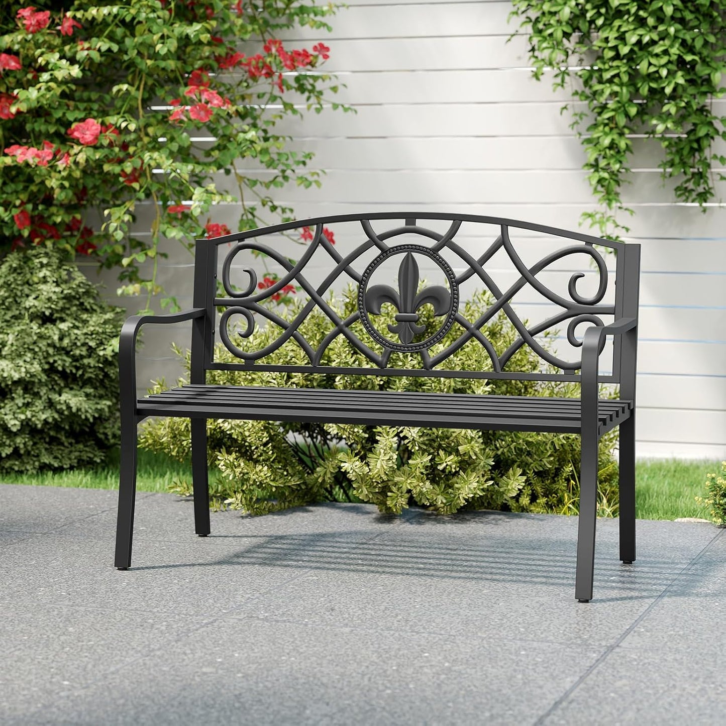 Tangkula Metal Outdoor Garden Park Bench, 50.5 Inch Metal Slatted Loveseat for 2-3 with Cast Iron Floral Backrest, Heavy-Duty Patio Seating Furniture for Backyard, Porch, Balcony