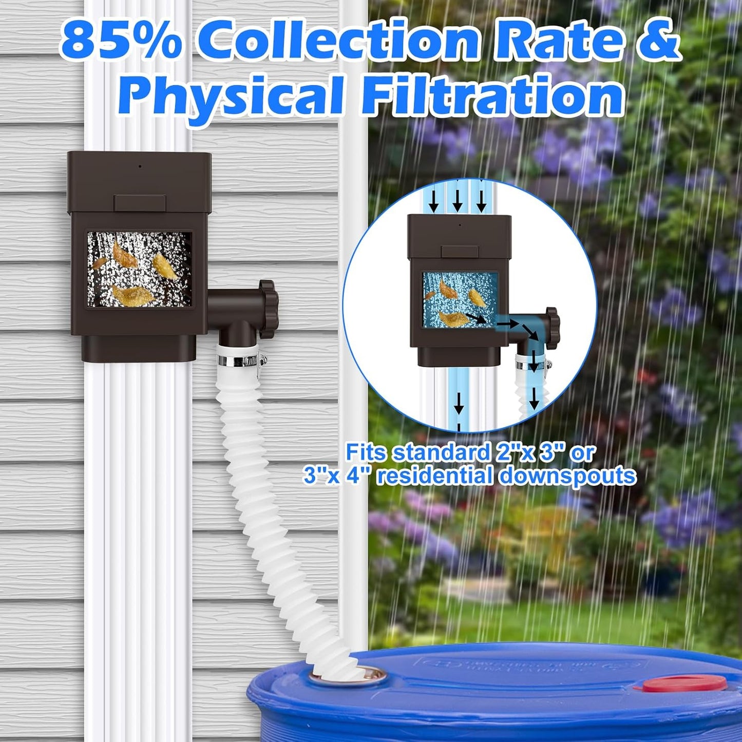 WADEO Rainwater Collection System, Downspout Diverter Fits for 2"x 3" or 3"x 4" Residential Downspouts, Rain Barrel Diverter Kit with Adjustable Valve and Filter, 5FT Hose, Brown
