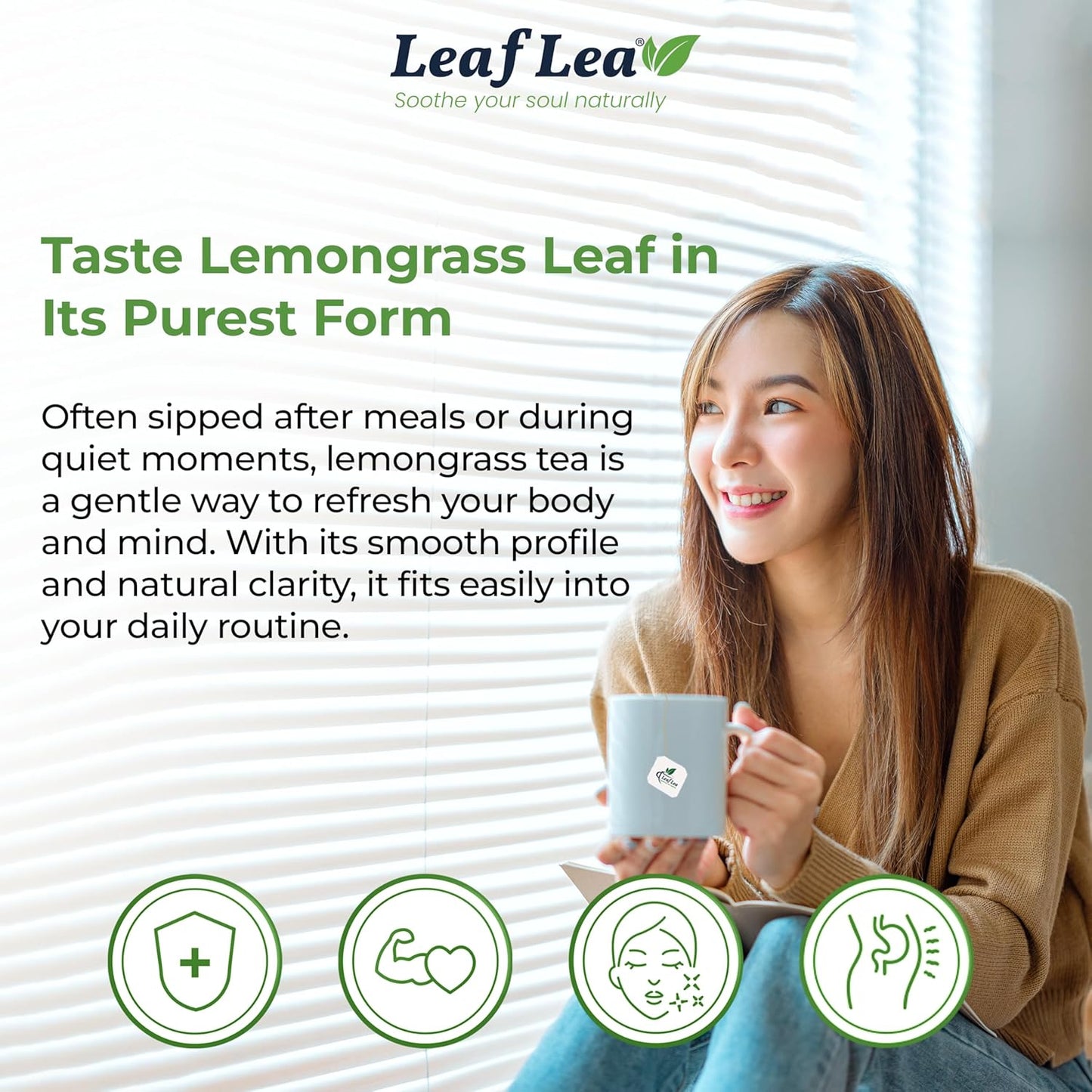 LeafLea 80 Premium Lemongrass Tea Bags, Natural Herbal Lemongrass Leaves, Te de Limoncillo for Digestion Support, Light & Soothing Taste, Caffeine-Free, Sugar-Free, Vegan, Individually Wrapped